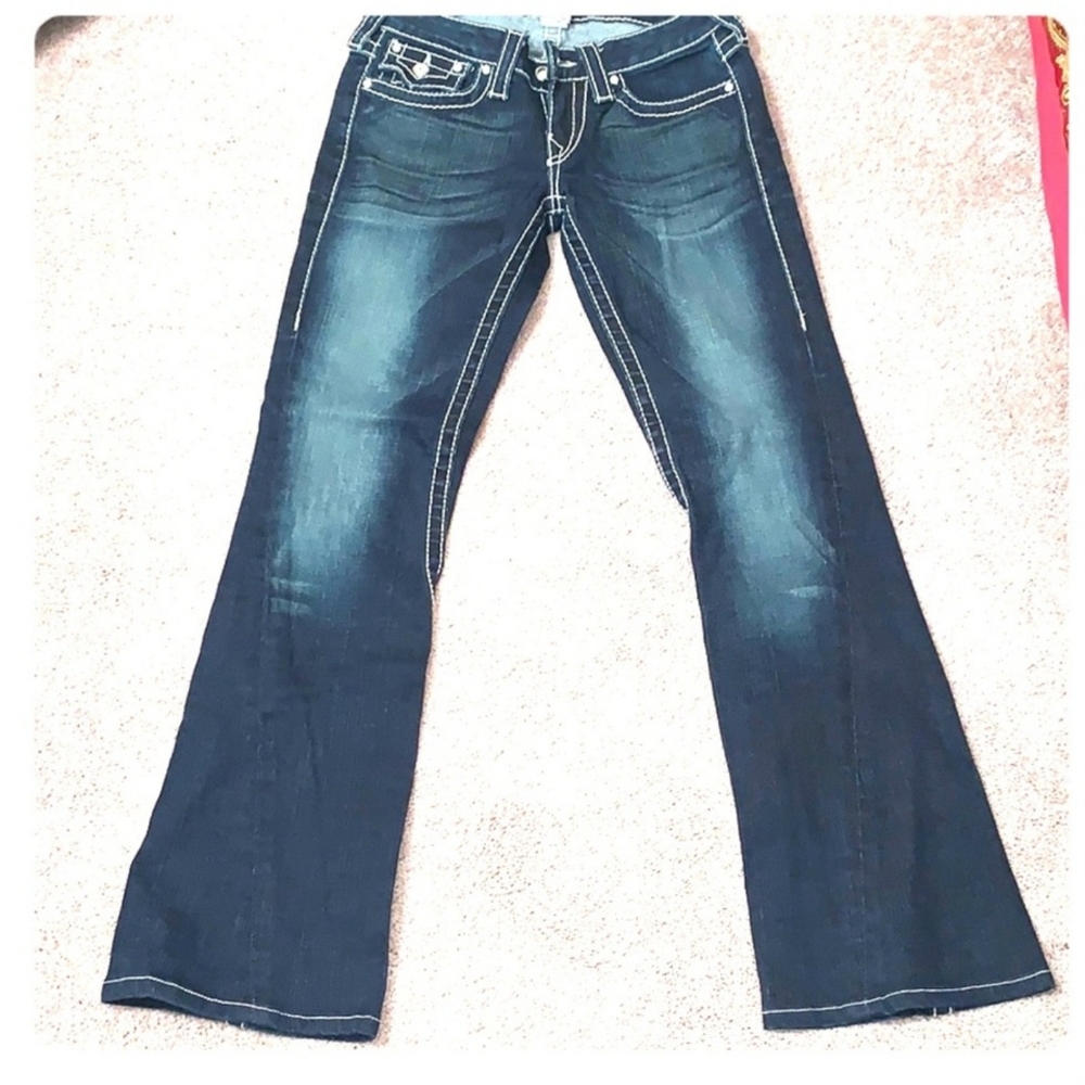 TRUE RELIGION WIDE LEG JEANS W/ CRYSTAL BUTTONS FRONT AND BACK